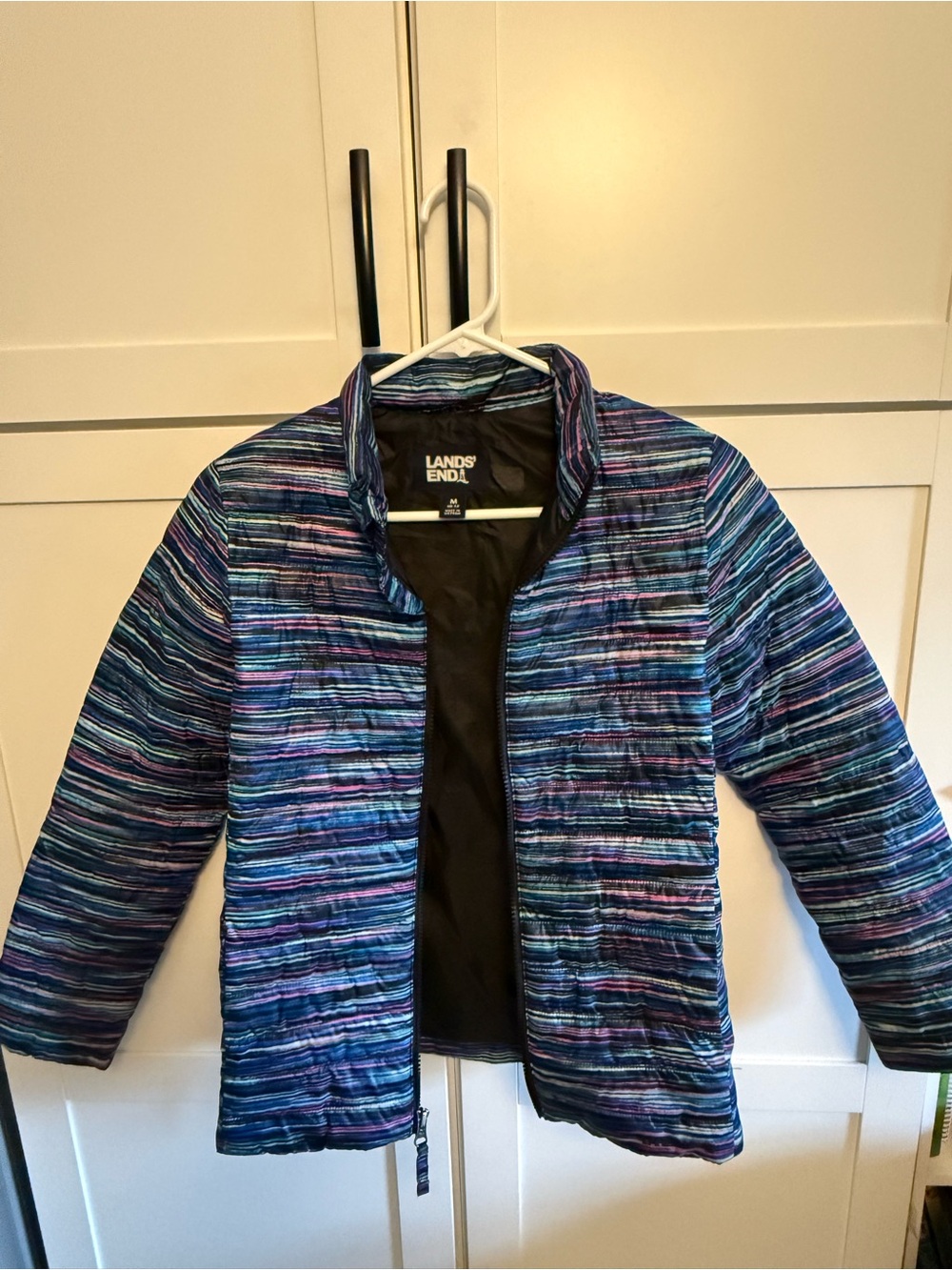 Lands' End Women's Striped Quilted Jacket - Blue, Teal & Purple